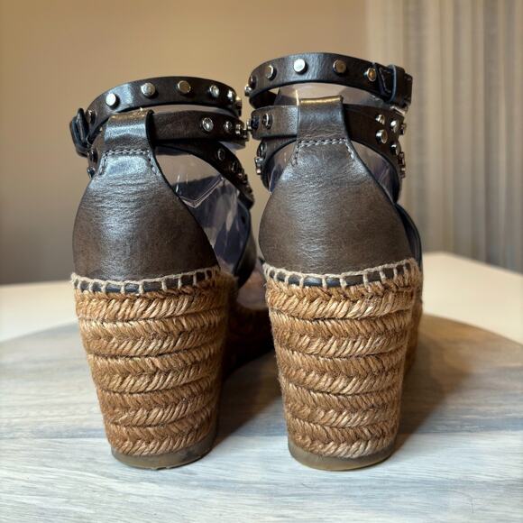 Authentic Jimmy Choo Raffia Calfskin Stud Danica Wedge Sandals US Size 8 EU 38 - Picture 9 of 12